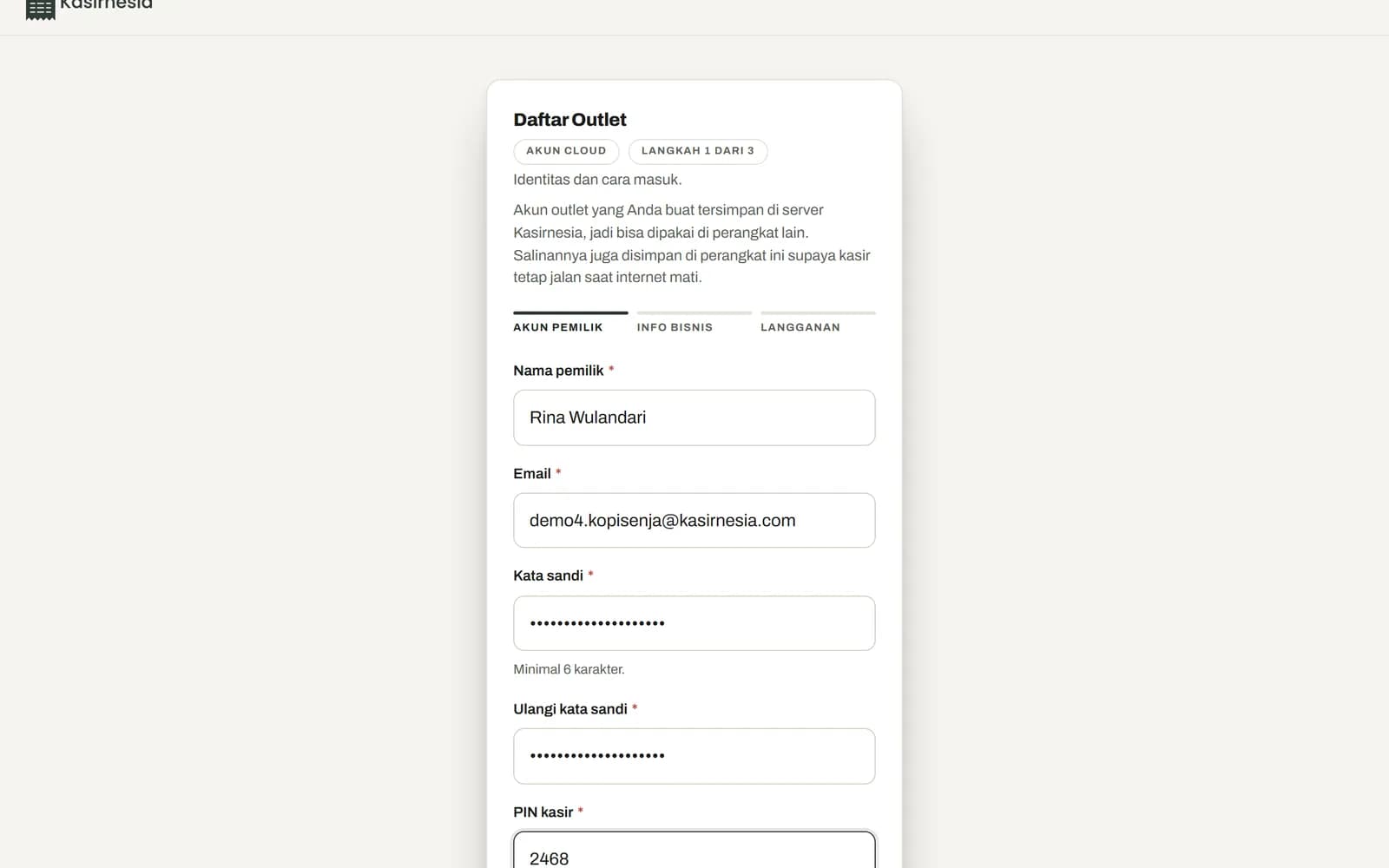 Form daftar Kasirnesia langkah akun pemilik: nama, email, kata sandi, dan PIN kasir