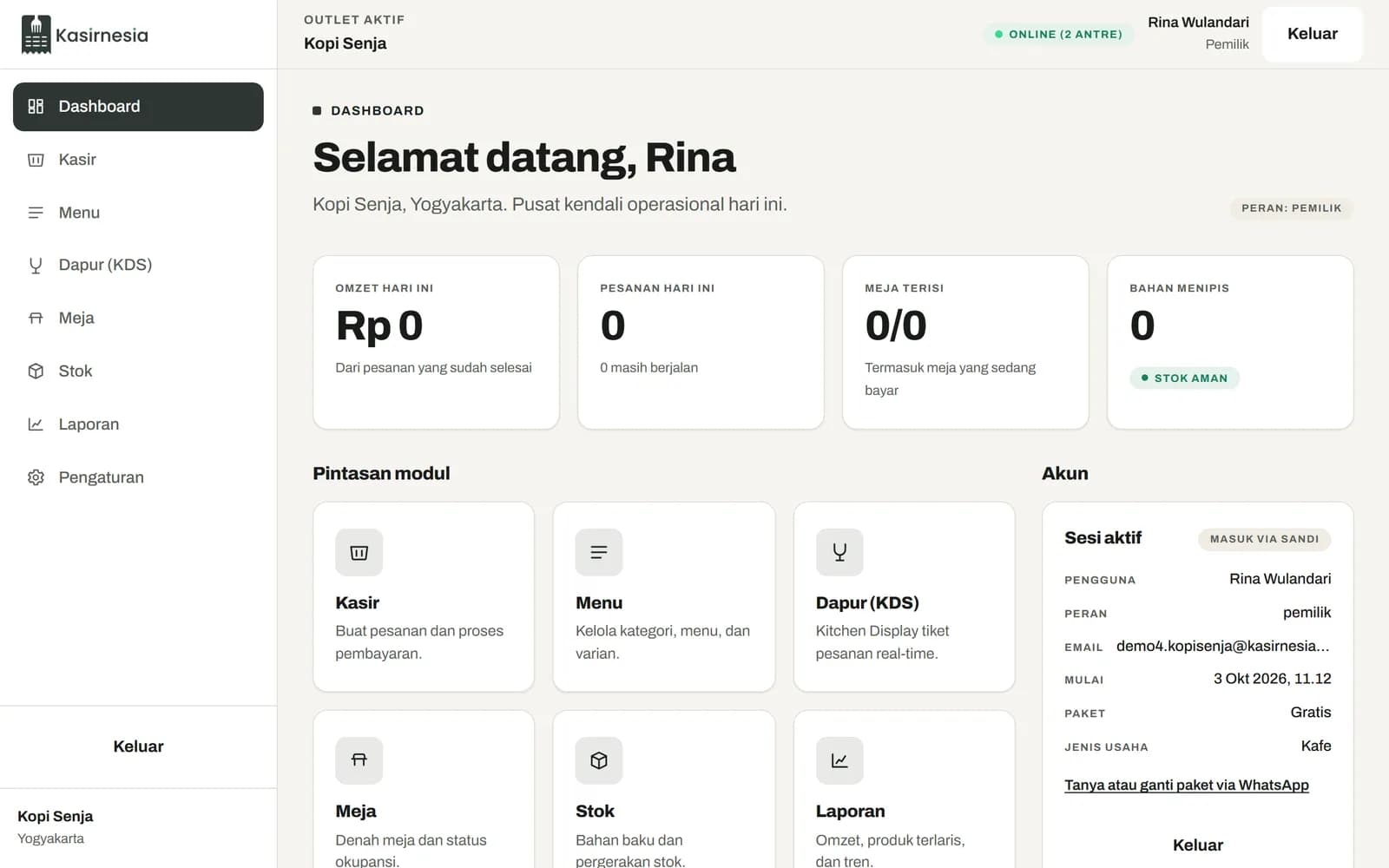 Dashboard Kasirnesia outlet Kopi Senja dengan ringkasan omzet, pesanan, meja, dan pintasan modul