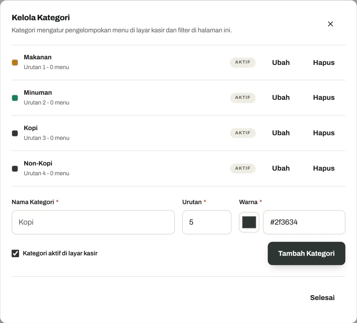 Dialog Kelola Kategori berisi kategori Makanan, Minuman, Kopi, dan Non-Kopi