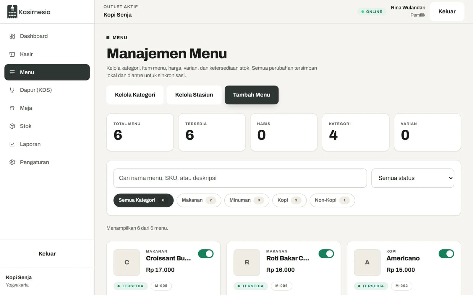 Halaman Manajemen Menu Kopi Senja berisi enam menu kopi, non-kopi, dan makanan