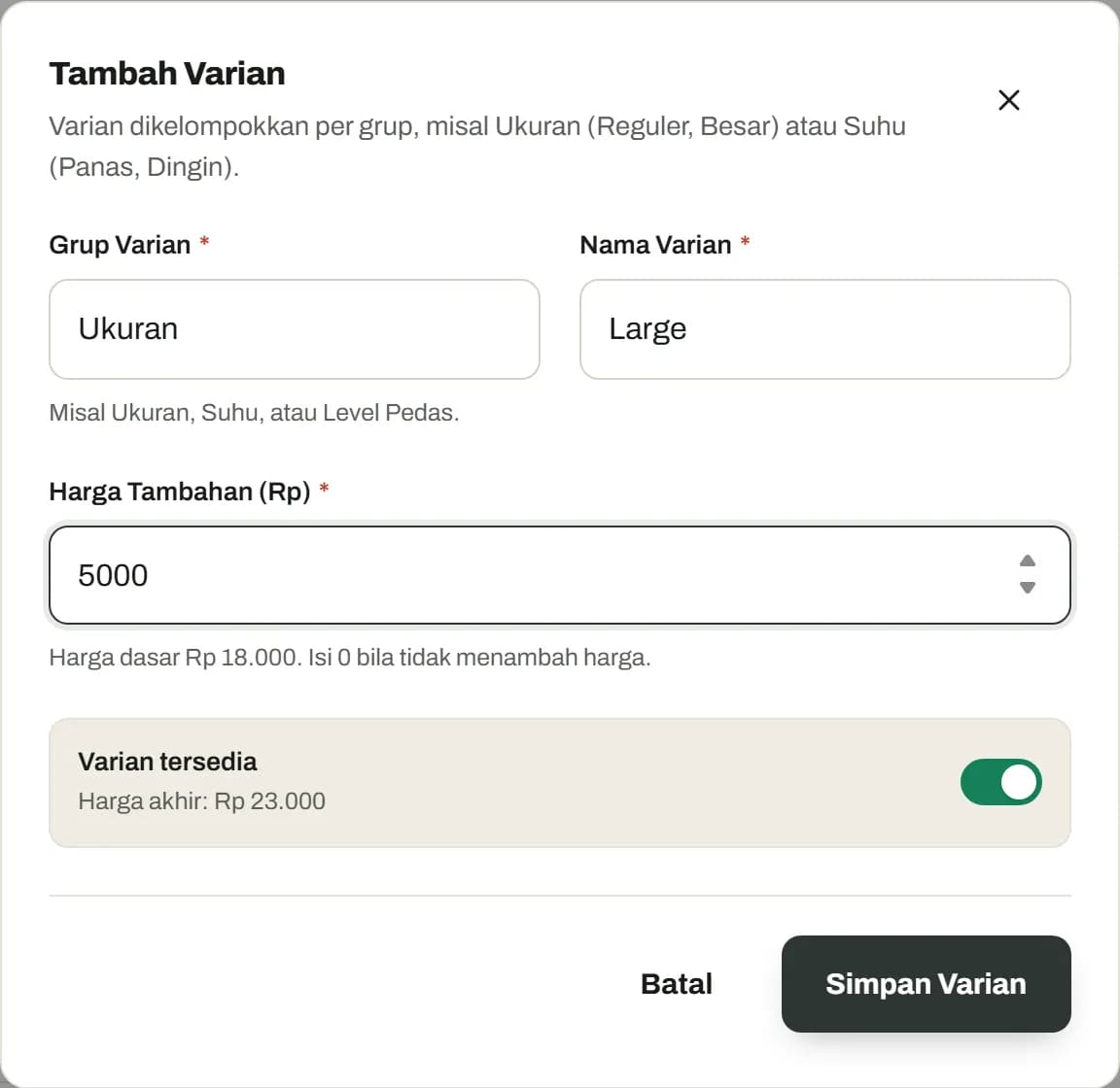 Form Tambah Varian dengan grup Ukuran, nama Large, harga tambahan 5000