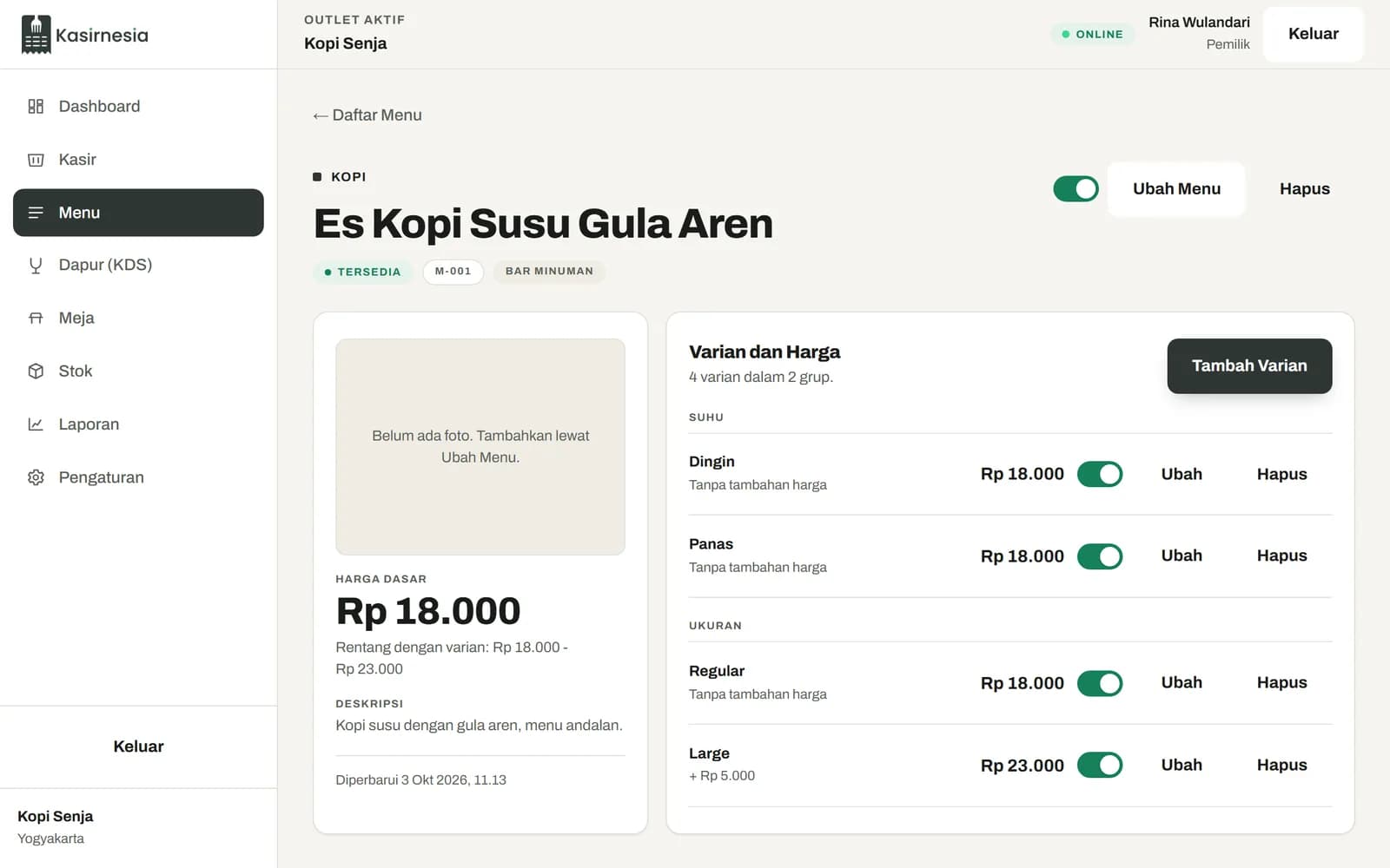 Detail menu Es Kopi Susu Gula Aren dengan varian Regular, Large, Dingin, dan Panas