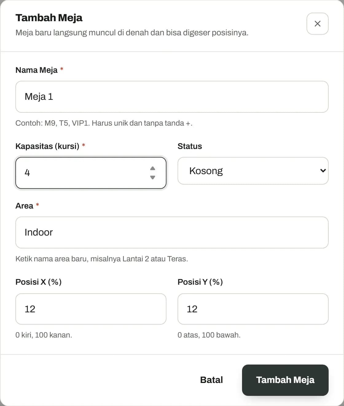 Form Tambah Meja berisi nama Meja 1 dan kapasitas 4 kursi