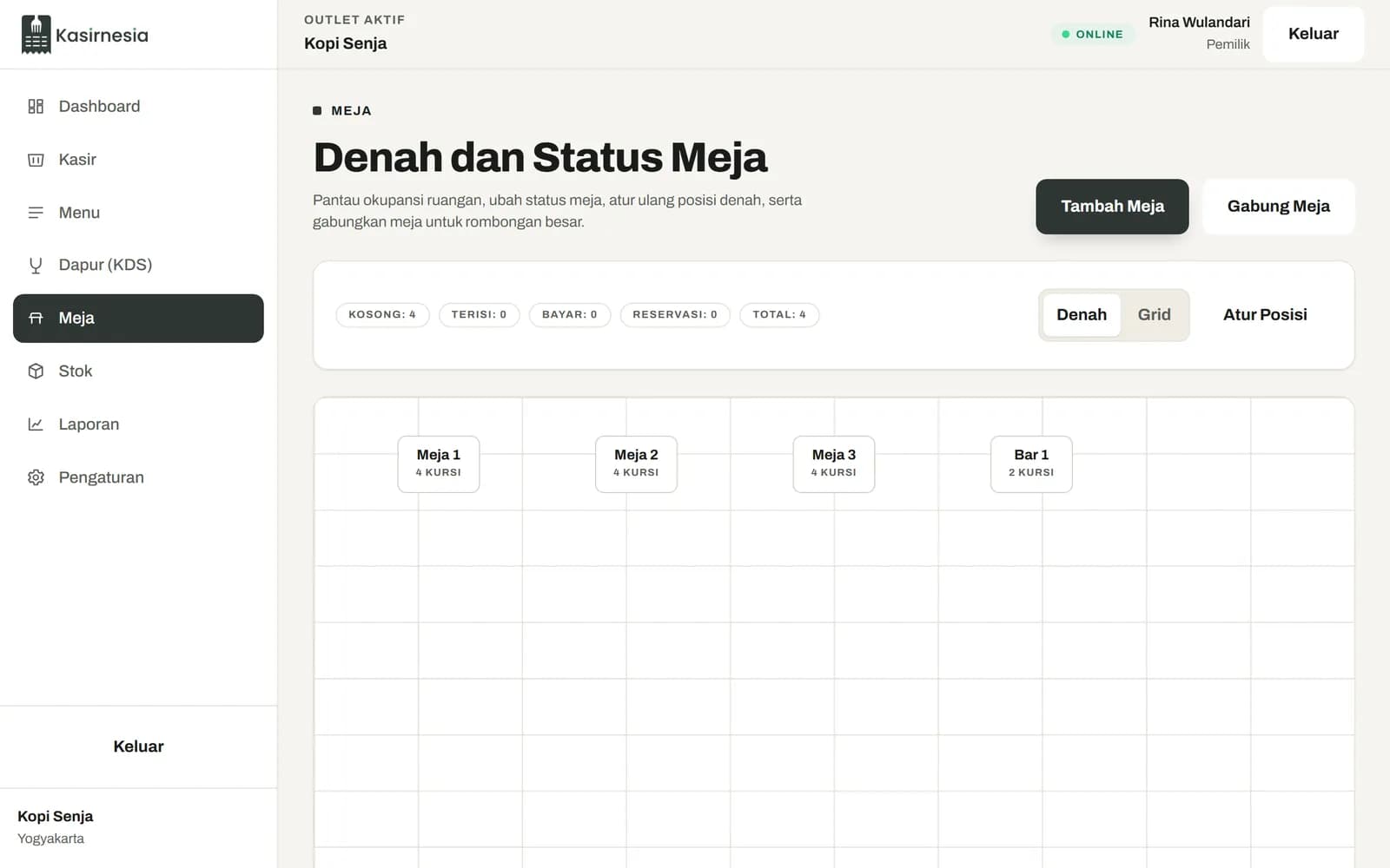 Halaman denah meja berisi Meja 1, Meja 2, Meja 3, dan Bar 1 berstatus kosong