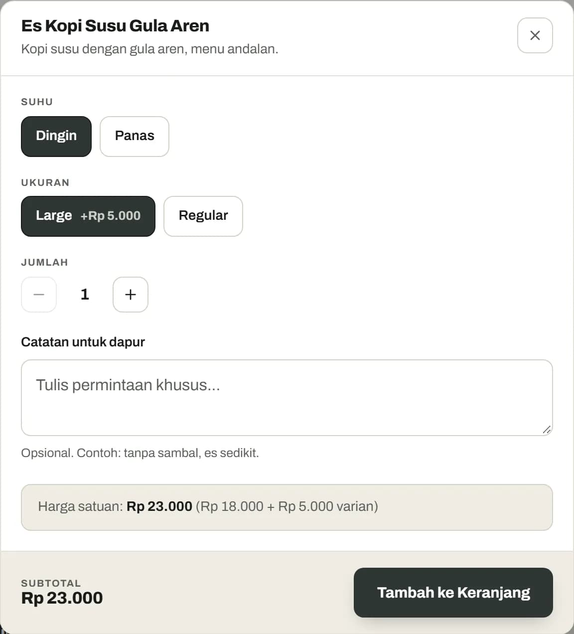 Dialog pilih varian Es Kopi Susu Gula Aren dengan ukuran Large dan suhu Dingin
