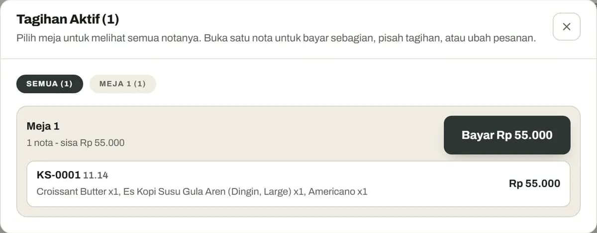 Popup Tagihan Aktif berisi nota Meja 1 dengan tombol Bayar