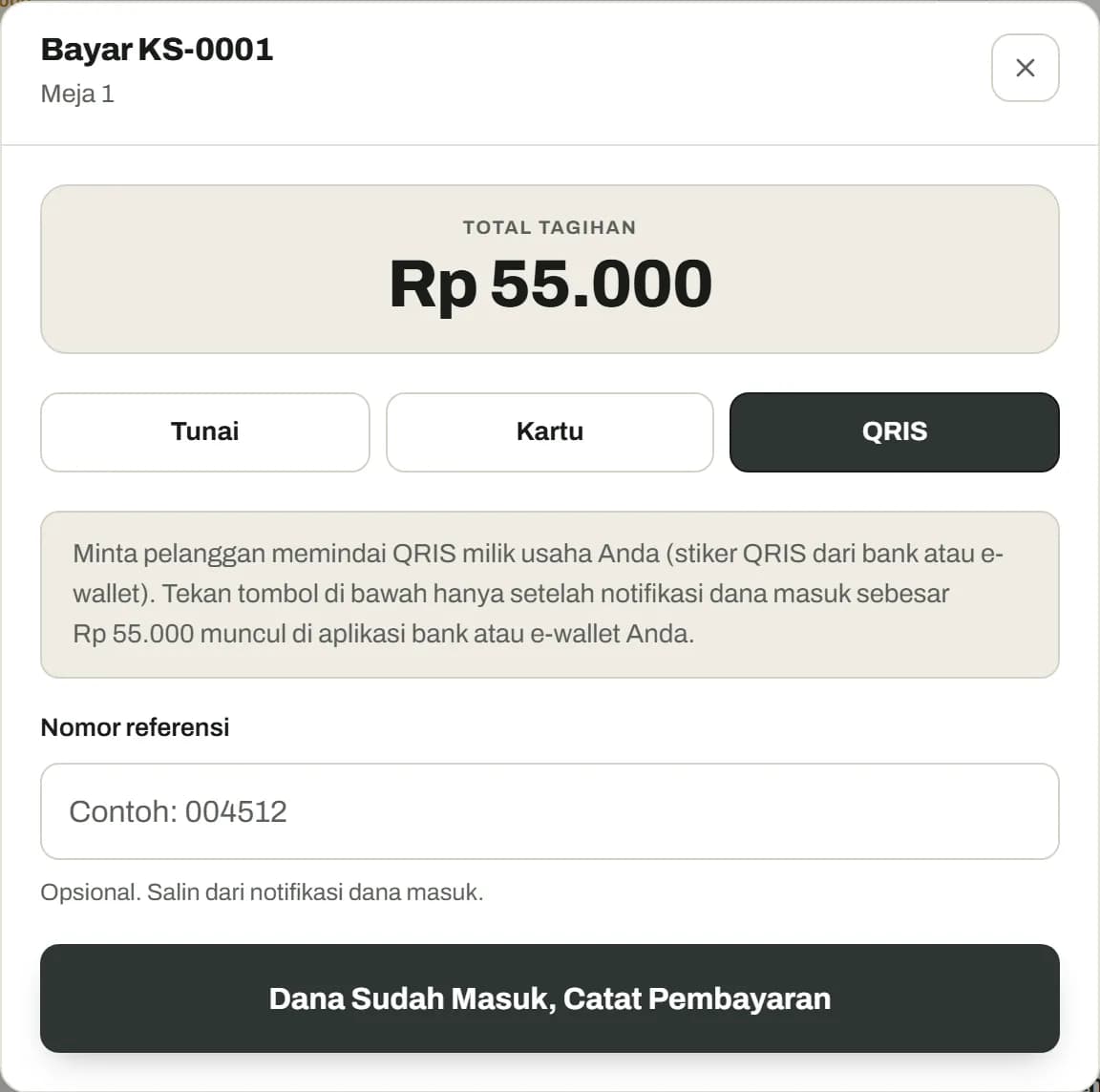 Dialog pembayaran QRIS yang meminta kasir mencatat setelah dana masuk