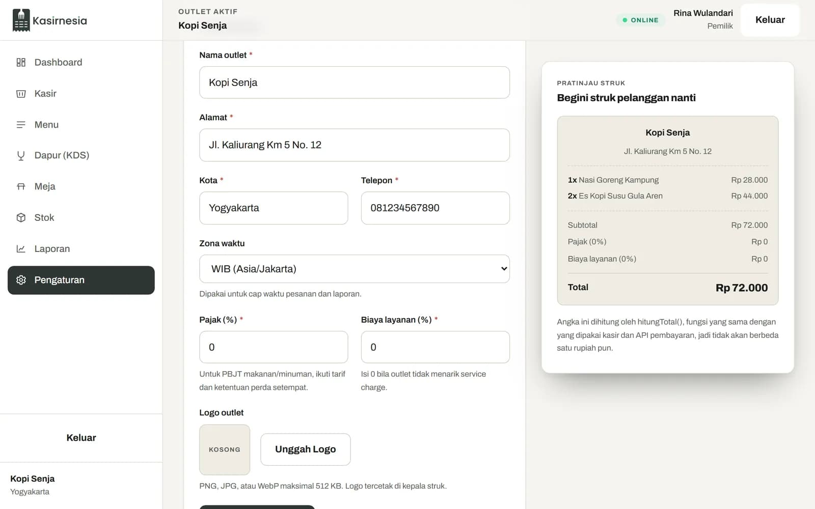 Halaman Pengaturan Outlet dengan profil outlet Kopi Senja dan pratinjau struk
