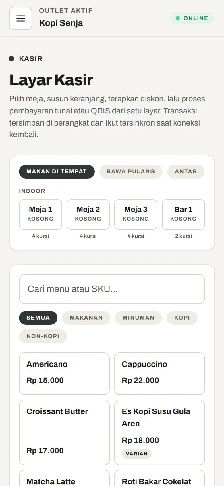 Layar kasir Kasirnesia di HP dengan pilihan meja dan daftar menu