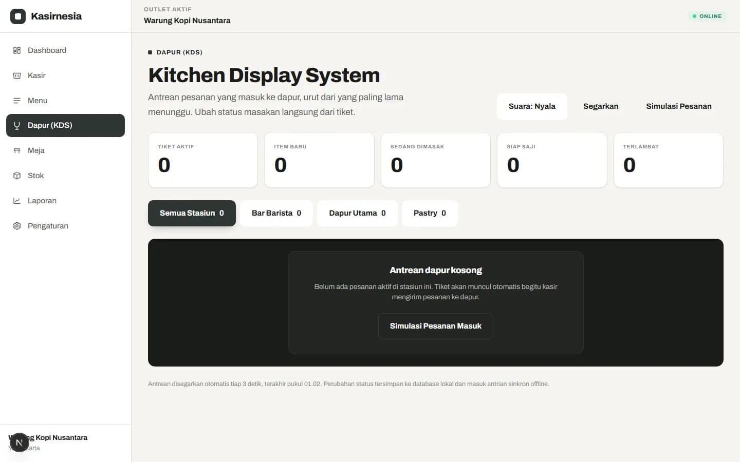 Kitchen Display Kasirnesia menampilkan antrean tiket pesanan per stasiun masak