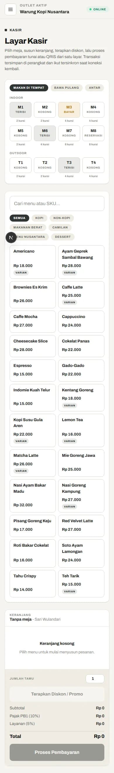 Tampilan aplikasi kasir Kasirnesia di layar HP Android
