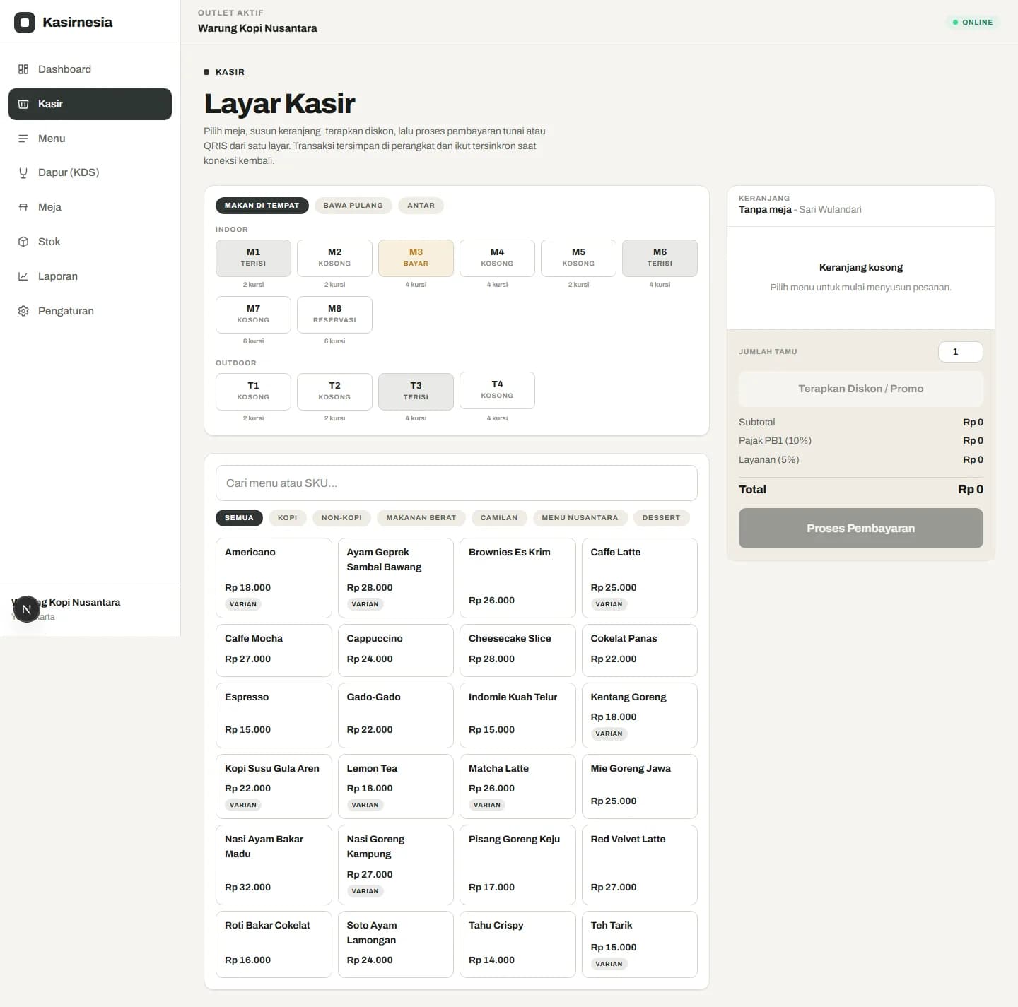 Layar kasir Kasirnesia menampilkan denah meja, katalog menu, dan keranjang pesanan