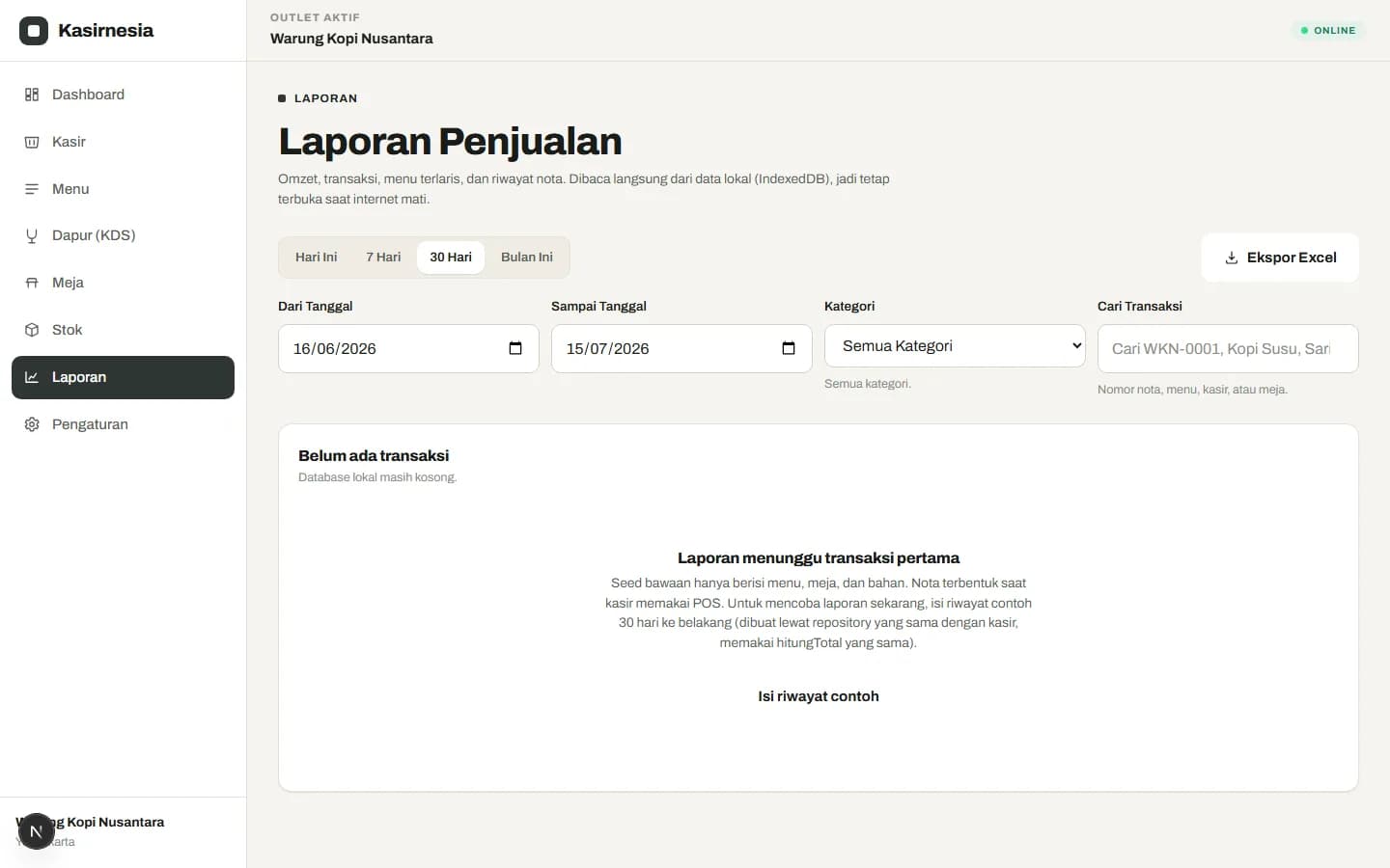 Layar laporan penjualan Kasirnesia dengan ringkasan omzet dan menu terlaris