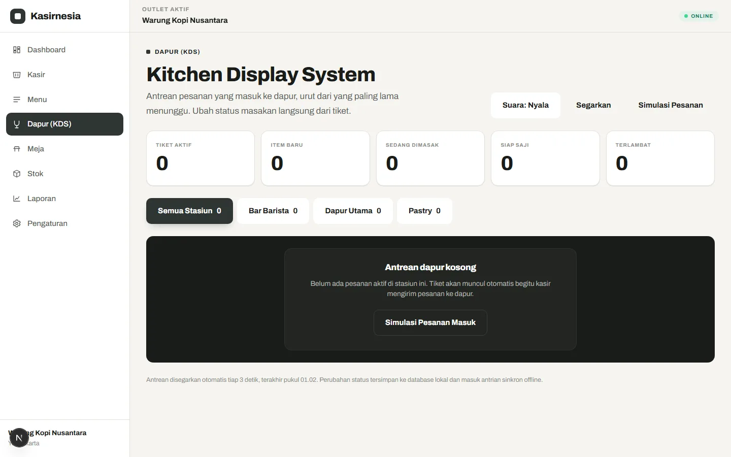 Kitchen Display System Kasirnesia dengan filter stasiun masak dan ringkasan tiket aktif