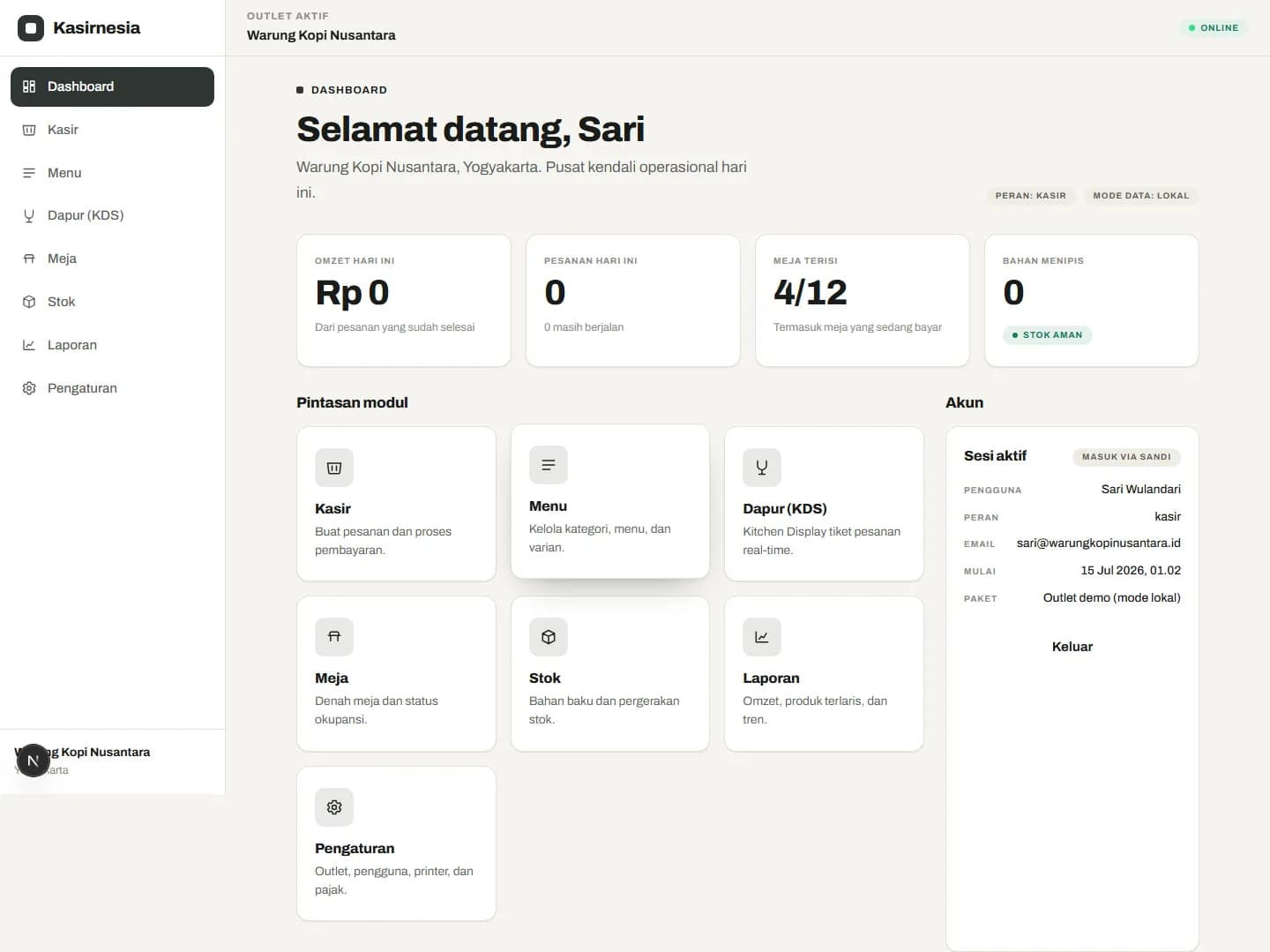 Dashboard aplikasi kasir UMKM Kasirnesia dengan ringkasan omzet harian yang mudah dibaca