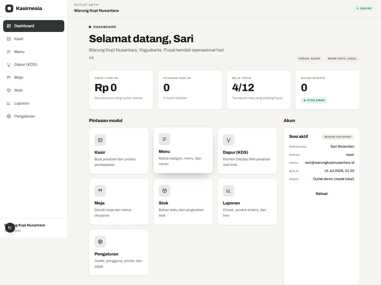 Dashboard aplikasi kasir UMKM Kasirnesia dengan ringkasan omzet harian yang mudah dibaca