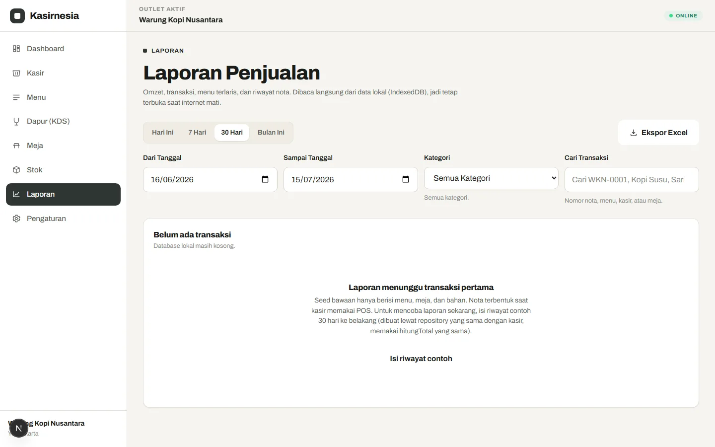 Laporan penjualan harian di paket gratis aplikasi kasir Kasirnesia