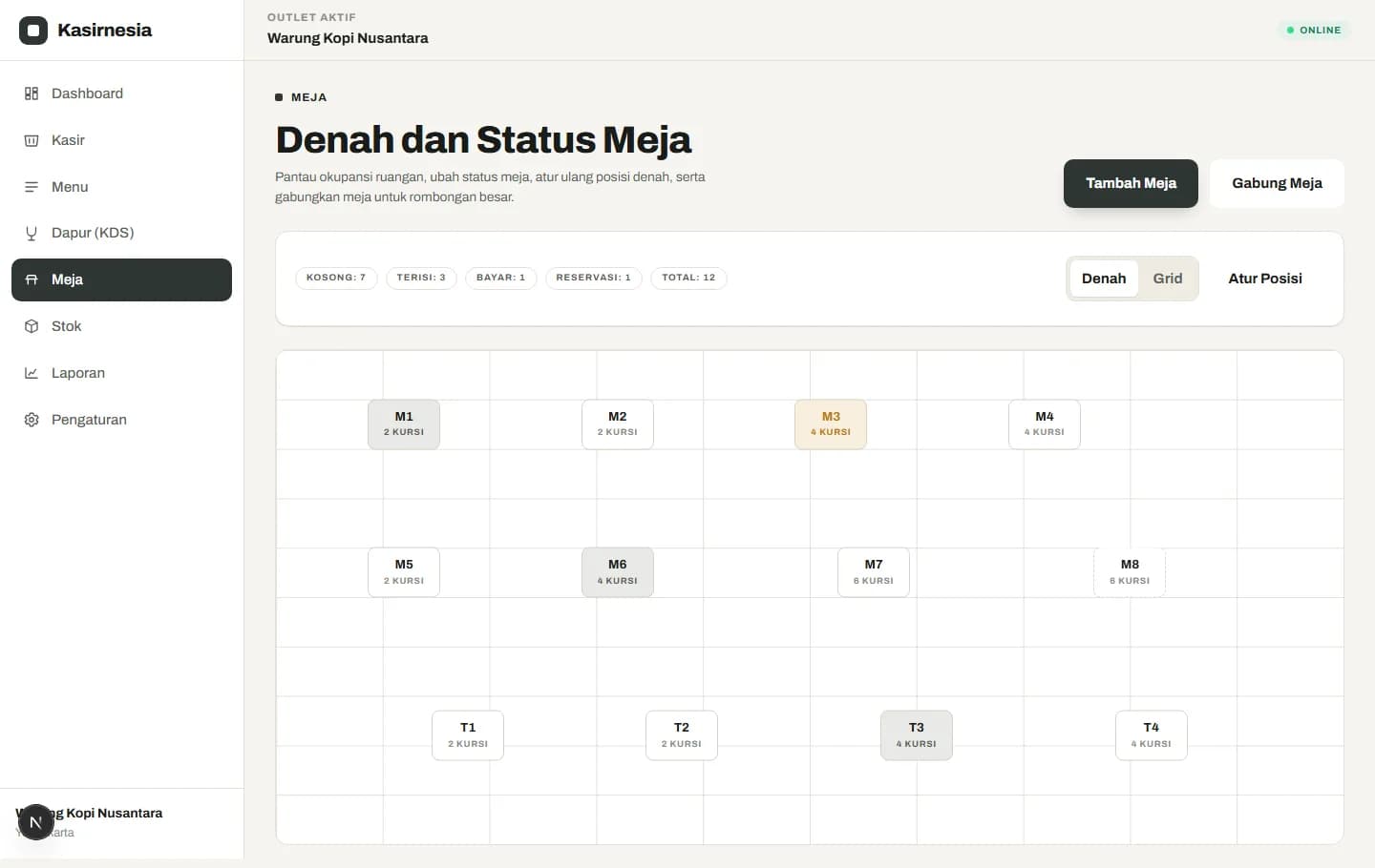 Tampilan manajemen meja aplikasi kasir restoran Kasirnesia dengan status meja terisi, bayar, dan aktif