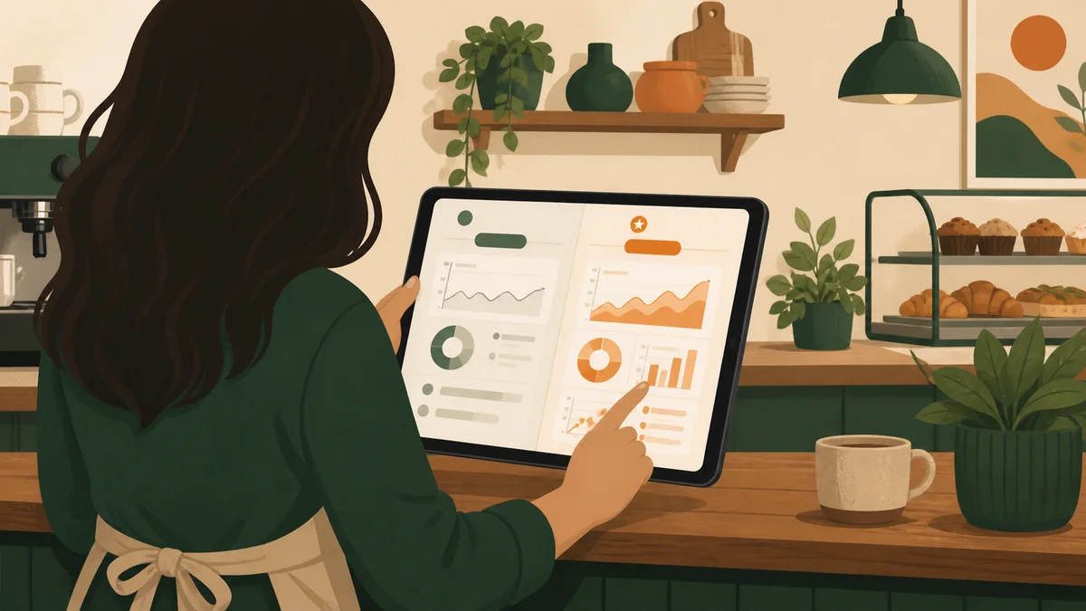 Ilustrasi pemilik kafe membandingkan laporan aplikasi kasir gratis dan berbayar di tablet