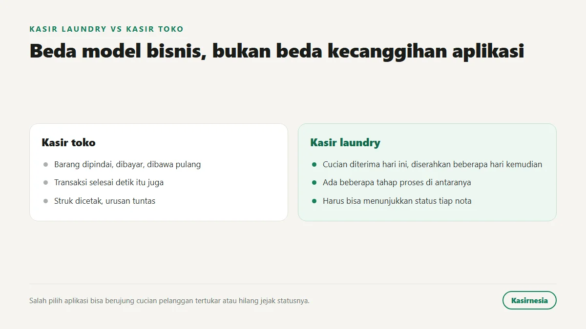 Perbandingan kasir toko yang transaksinya tuntas seketika dengan kasir laundry yang pesanannya berjalan beberapa hari melewati beberapa tahap