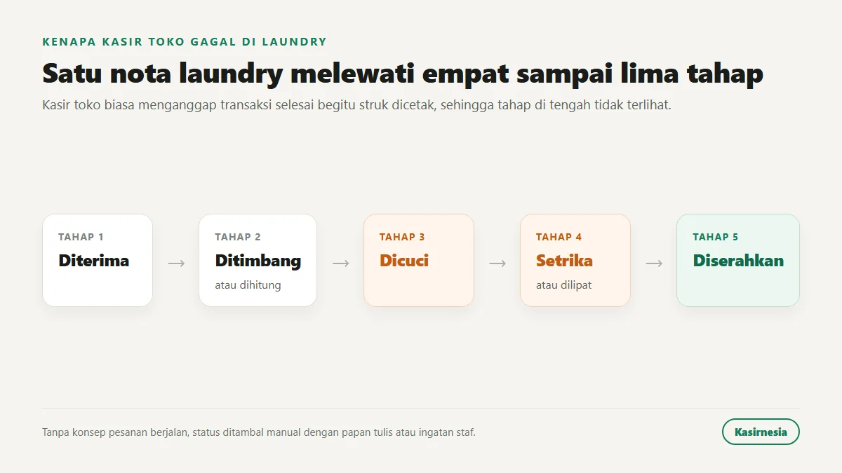 Lima tahap satu nota laundry dari diterima, ditimbang, dicuci, disetrika atau dilipat, sampai diserahkan, yang tidak terlihat di kasir toko biasa