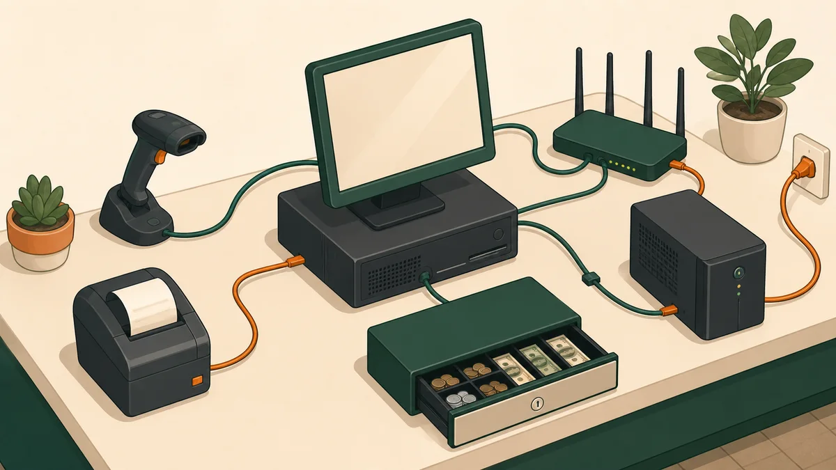 Tata letak PC kasir dengan printer scanner dan UPS