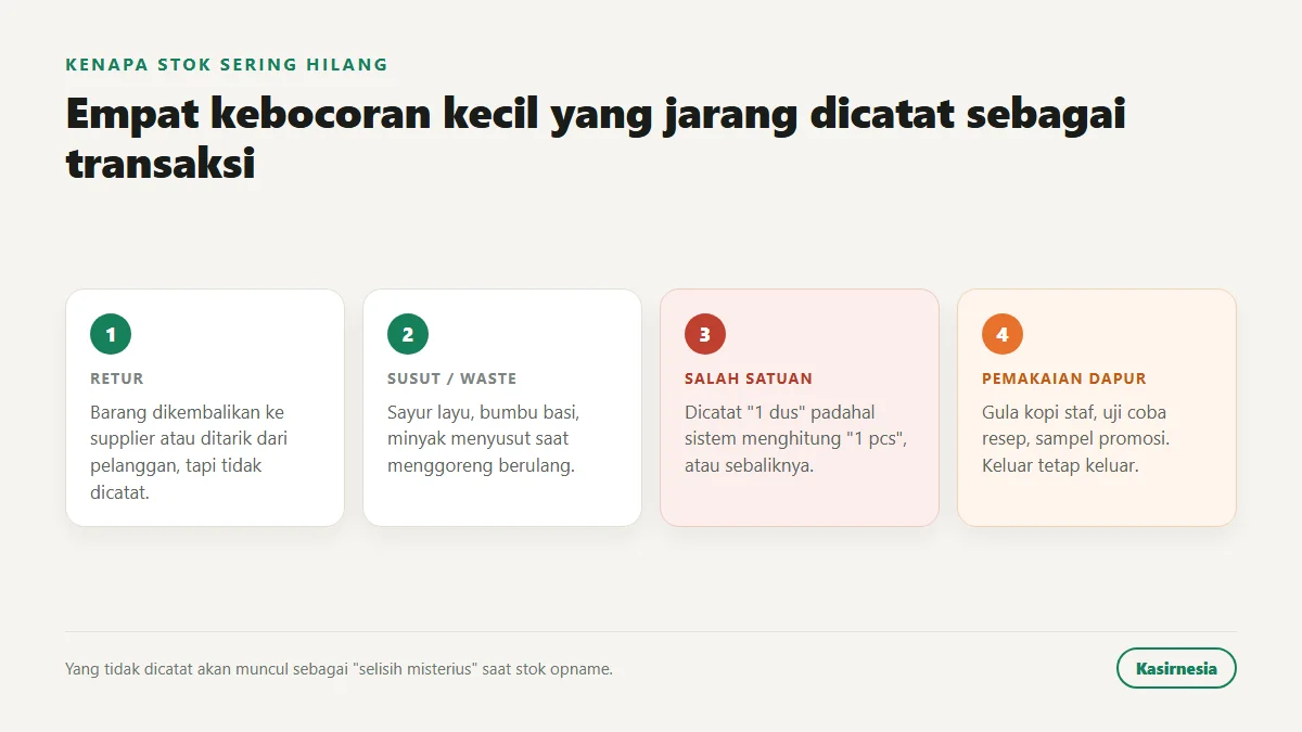 Empat kebocoran stok yang jarang dicatat: retur, susut atau waste, salah input satuan, dan pemakaian dapur yang tidak dicatat