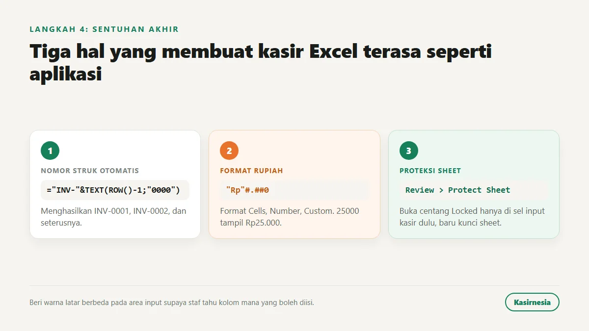 Tiga sentuhan akhir kasir Excel: nomor struk otomatis INV-0001, format Rupiah dengan kode Rp#.##0, dan proteksi sheet