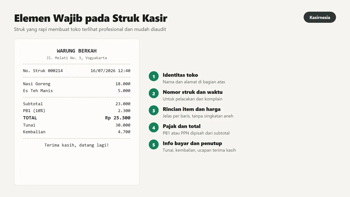 Contoh elemen wajib pada aplikasi struk kasir yang rapi dan lengkap