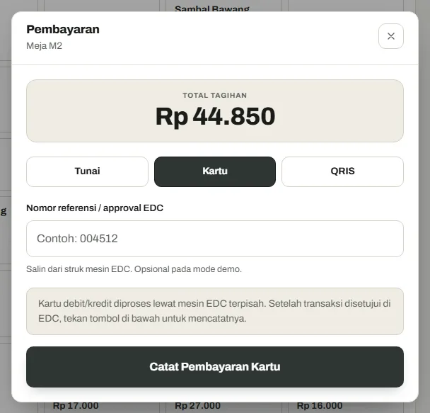 Screenshot layar Pembayaran Kasirnesia dengan metode Kartu dipilih: total tagihan Rp 44.850, kolom nomor referensi approval EDC, dan tombol Catat Pembayaran Kartu
