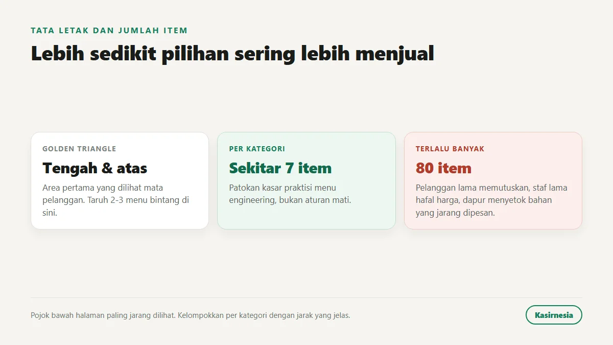 Patokan tata letak menu: taruh 2 sampai 3 menu bintang di area golden triangle tengah atas halaman dan batasi sekitar 7 item per kategori