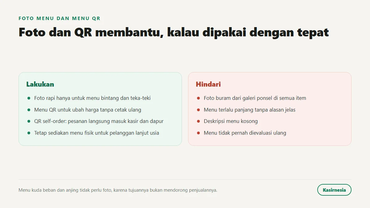 Panduan foto menu dan menu digital QR: foto hanya untuk menu bintang dan teka-teki, QR memudahkan ubah harga, tetap sediakan menu fisik