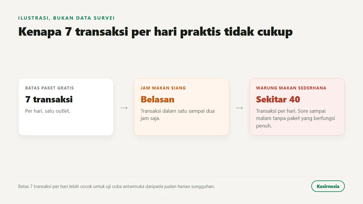 Ilustrasi warung dengan sekitar 40 transaksi per hari yang melewati batas 7 transaksi sebelum antrean makan siang selesai