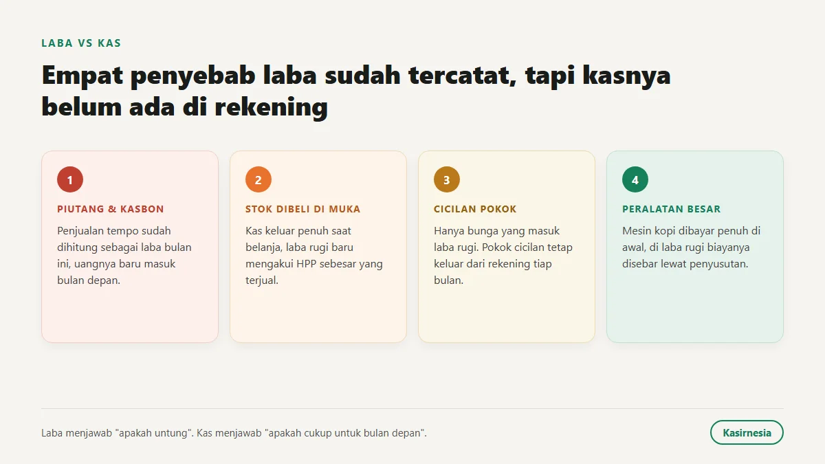 Empat penyebab laba belum menjadi kas: piutang atau kasbon belum tertagih, stok dibeli di muka, cicilan pokok pinjaman, dan pembelian peralatan besar