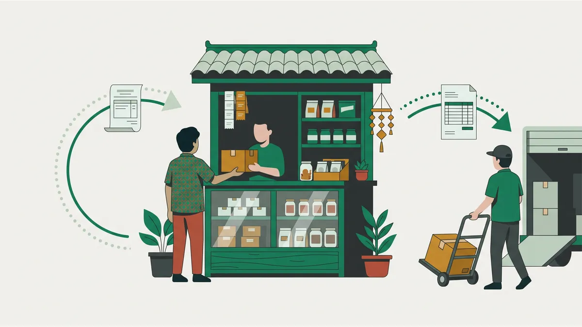 Ilustrasi dua arah pengembalian barang: kardus kembali dari pelanggan ke meja toko dan kardus lain dikirim balik dari toko ke gudang pemasok, masing-masing diikuti selembar dokumen