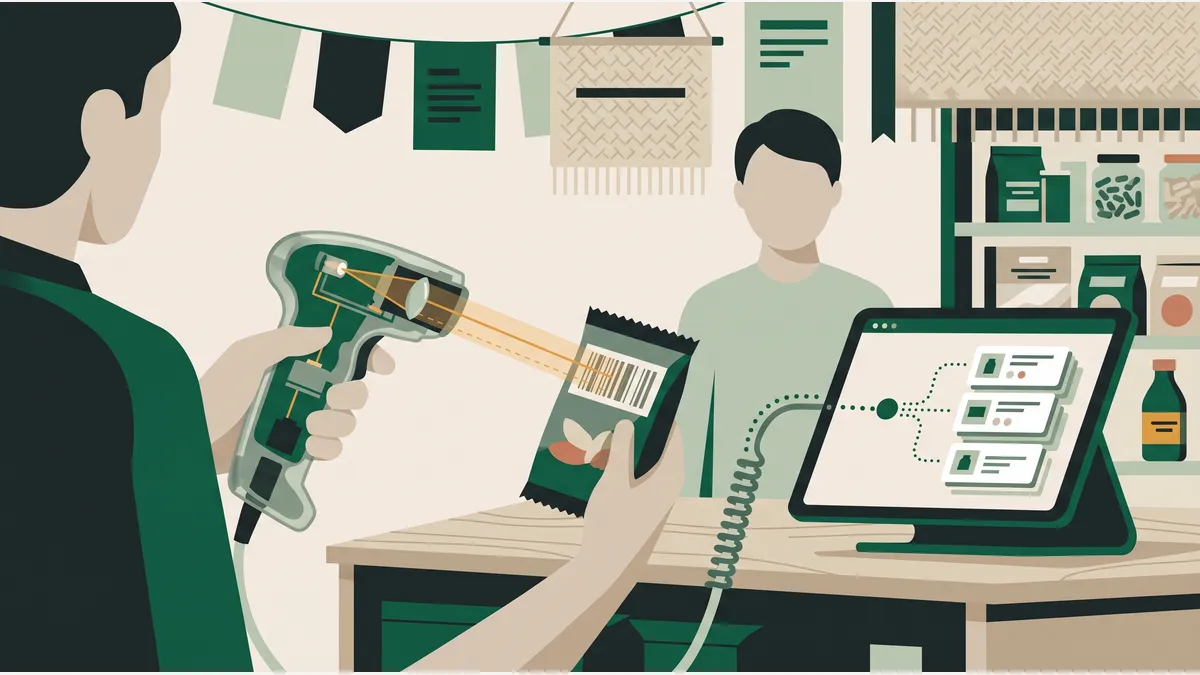 Ilustrasi alur kerja scanner barcode: berkas cahaya mengenai garis-garis label, pantulannya ditangkap sensor, lalu data mengalir ke tablet kasir yang mencocokkannya dengan daftar produk