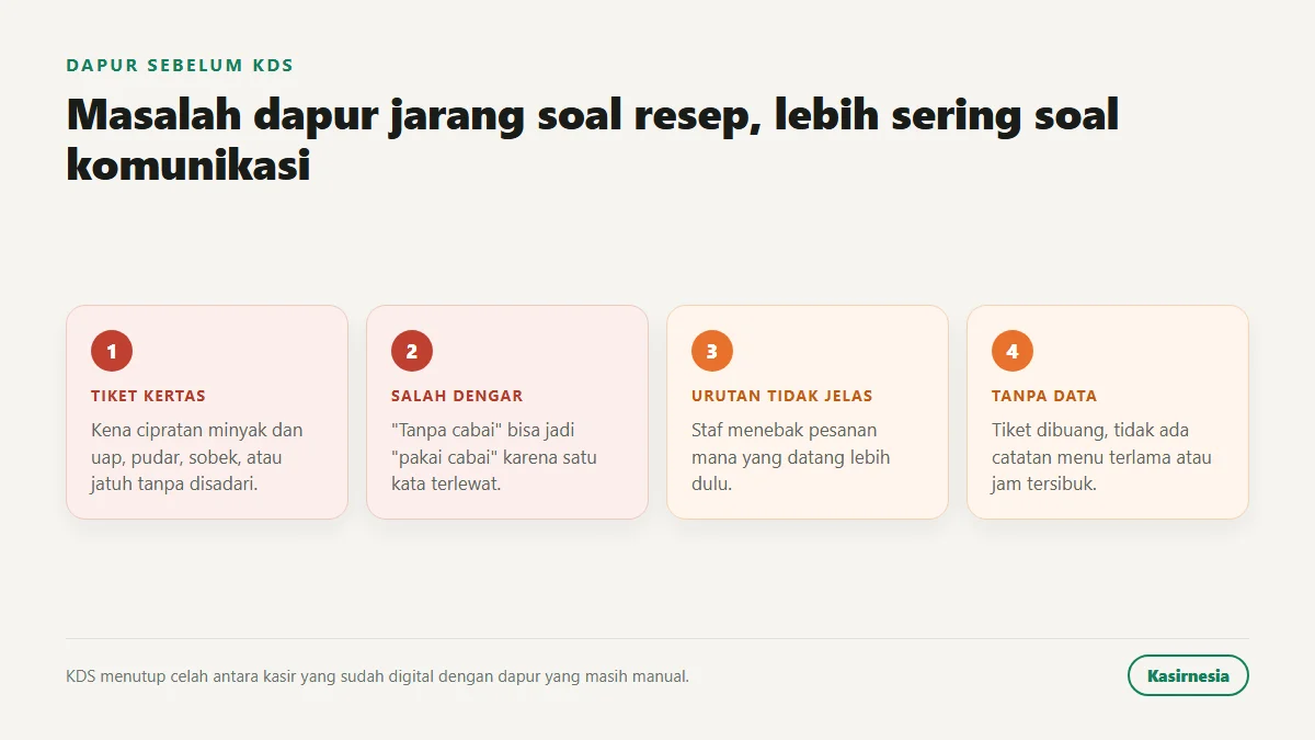 Empat masalah dapur sebelum memakai KDS: tiket kertas hilang atau pudar, salah dengar pesanan, urutan pesanan tidak jelas, dan tidak ada data waktu masak