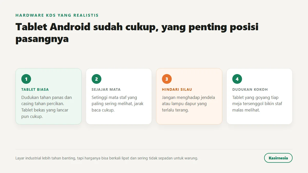 Panduan hardware KDS untuk warung dan kafe: tablet Android dengan dudukan tahan panas, layar sejajar mata, hindari silau, dan dudukan kokoh